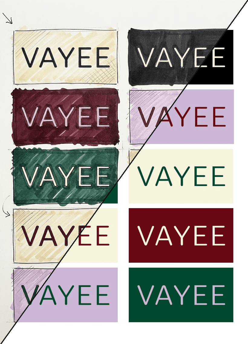 VAYEE wordmark studies across colorways — from sketch to final lockup