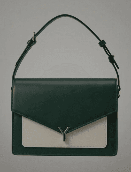 The Ylana bag — green and cream with gold Y clasp